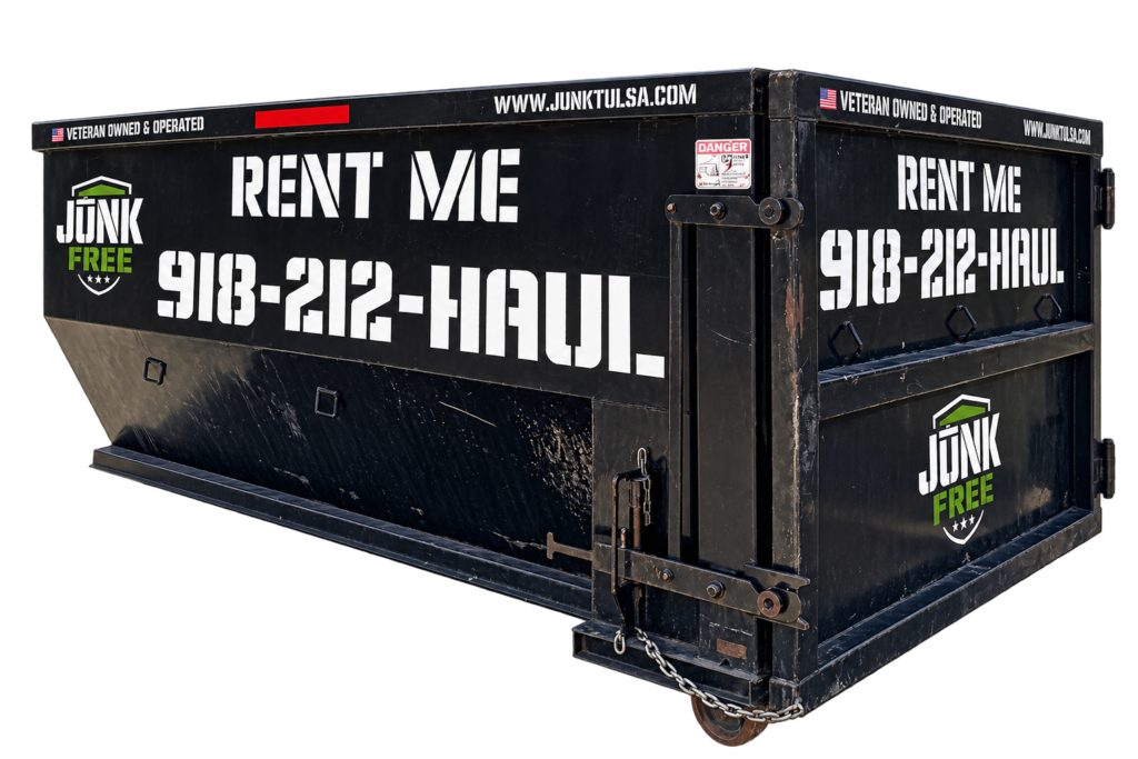 Junk Free 15-yard roll-off dumpster, 12 feet long by 7 feet wide by 5 feet tall