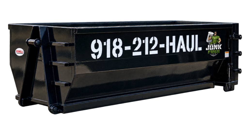 Junk Free 20-yard roll-off dumpster with soldier logo, 16 feet long by 7 feet wide by 5 feet tall